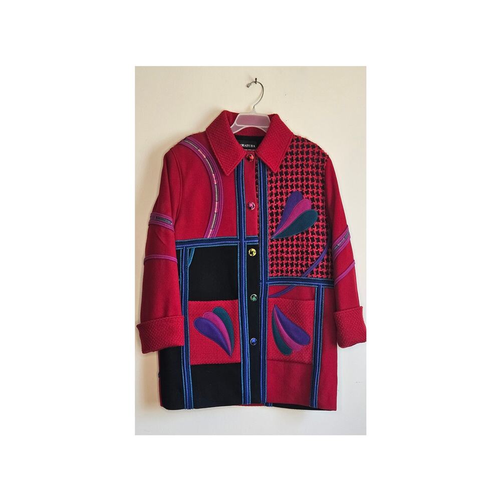 Vintage Coloratura Red, Black, Pink Wool Coat, Sz XL